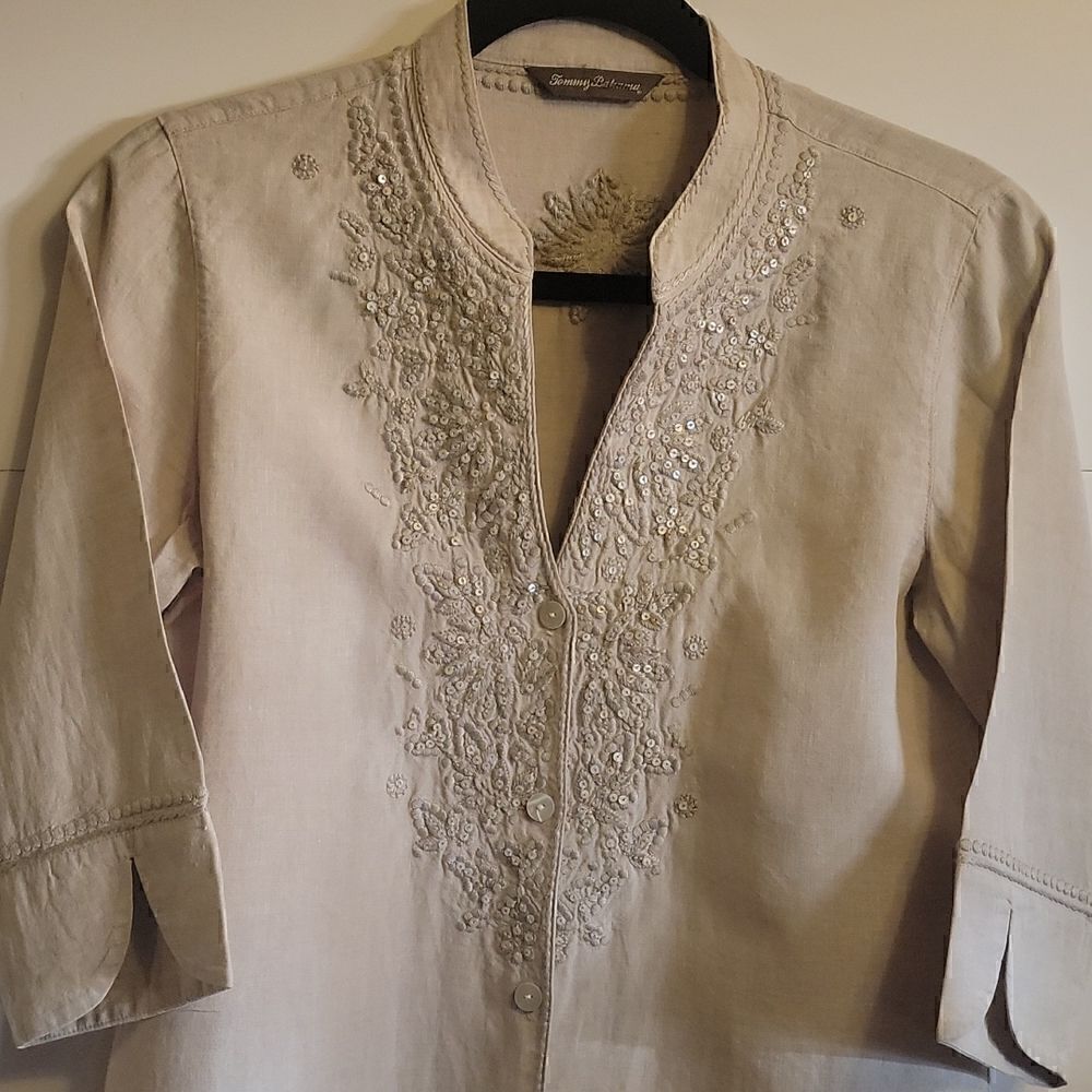 Tommy Bahama Linen Khaki colored  shirt S with sequins in front
